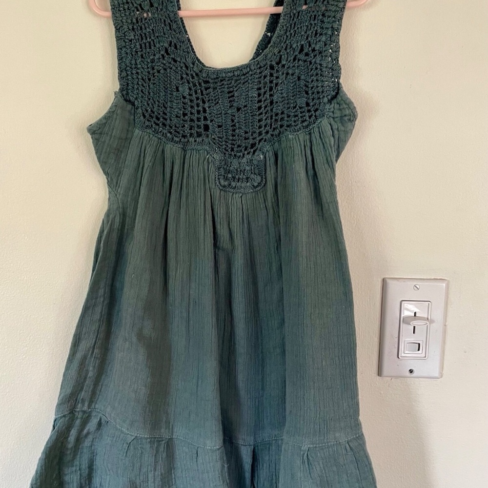 Baby Blue girl's cotton gauze dress in deep turquoise color with crochet top s6